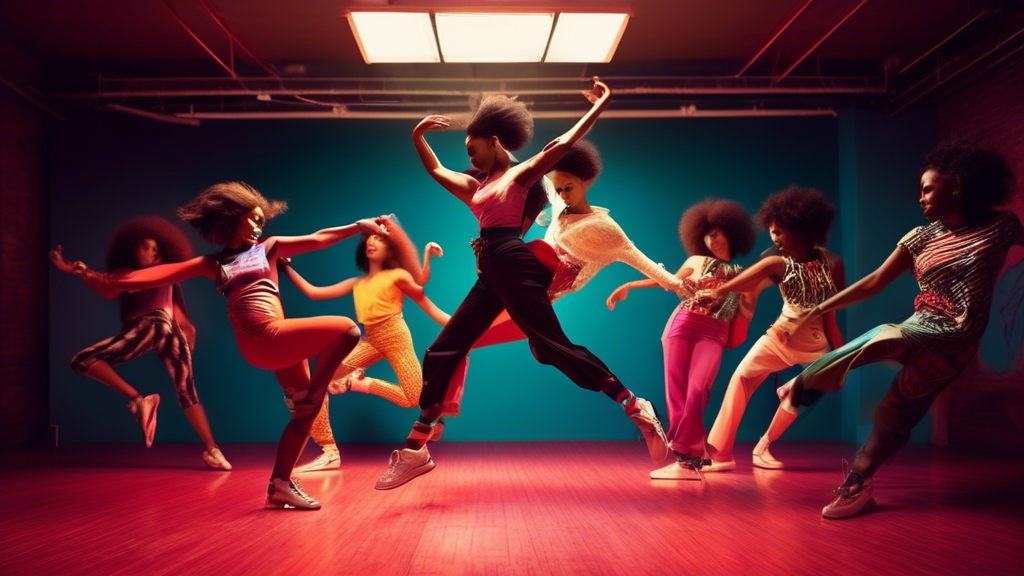 **DALL-E Prompt:**
Create a vibrant and dynamic image that captures the essence of urban dance footwear with a vintage flair. Showcase a mix of classic sneakers and modern-retro styles, adorned with