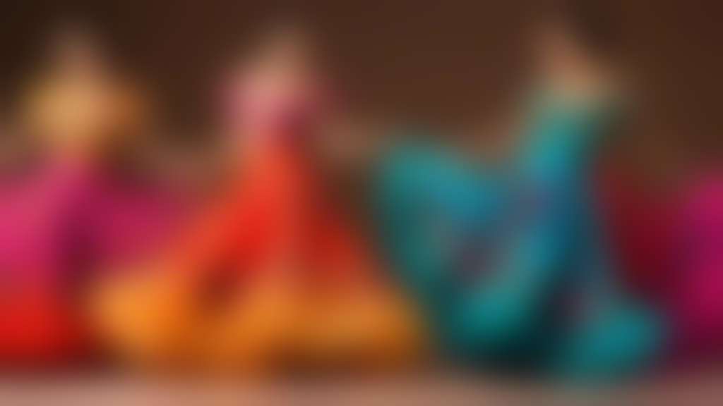 Long flowing skirts with vibrant colors, ruffles, and intricate embroidery designs whirling and twirling in a captivating Latin dance performance, capturing the beauty and grace of the dancers' moveme