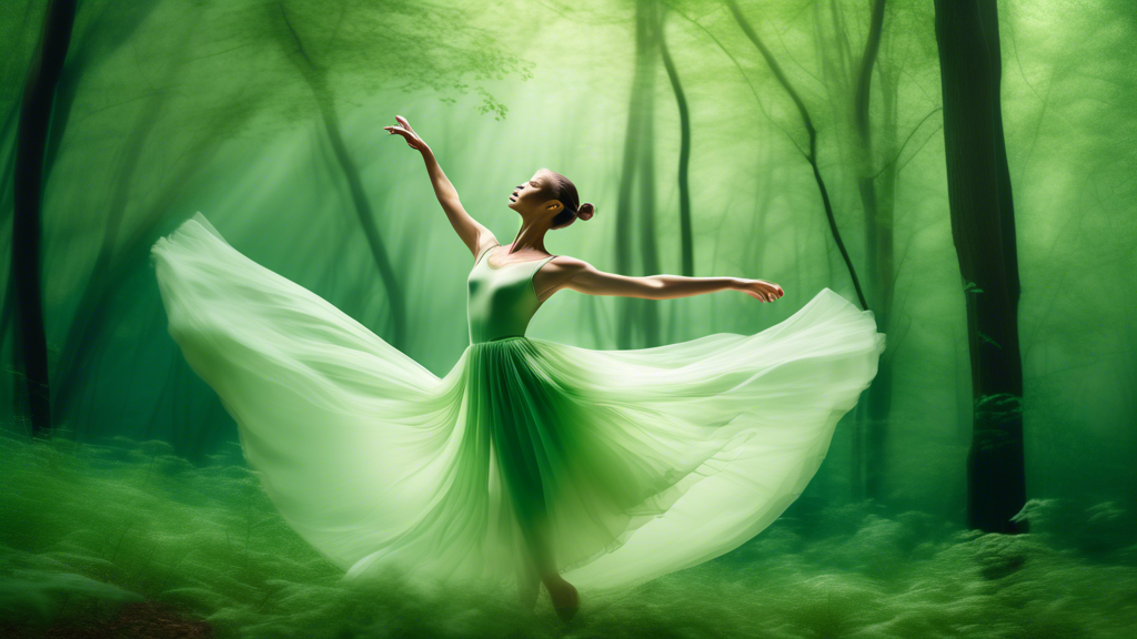 Surreal ethereal image of a ballerina in a light green flowing dress, twirling in front of a lush green forest, with soft light and a dreamlike quality. Transparent fabric and hints of leaves and natu