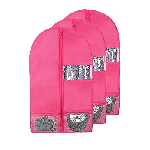 Garment Bags for Dance Costumes, 36" Foldable Dance Garment Bags with Zipper Pockets and Clear Window for Kid Sizes Clothing, Girls' Dress, Ballet Leotard, Storage or Travel (3 Pack, Pink)