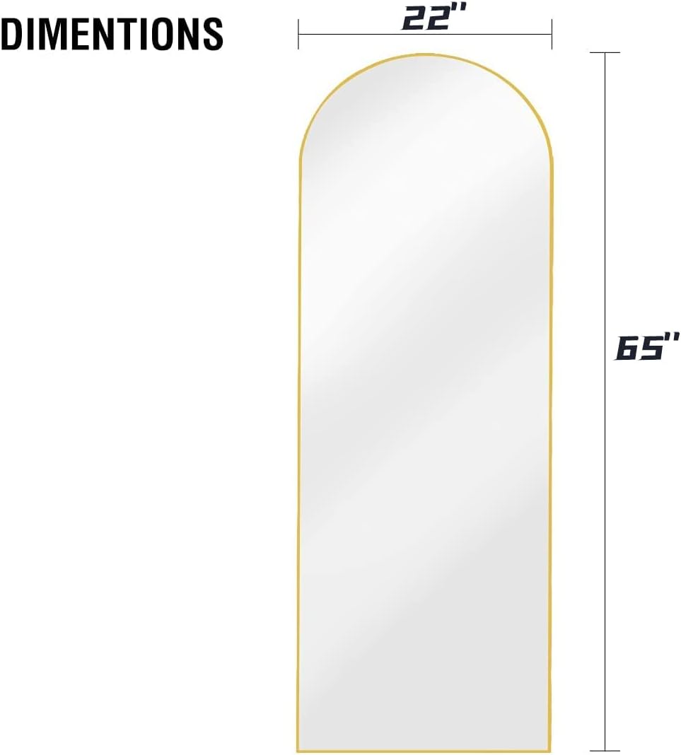 Full Length Mirror, 65"x22" Floor Mirror with Stand Hanging or Leaning, Arched Freestanding Mirror, Large Wall Mounted Mirror with Thin Wood Frame, Dressing Body Mirror for Bedroom (Gold)