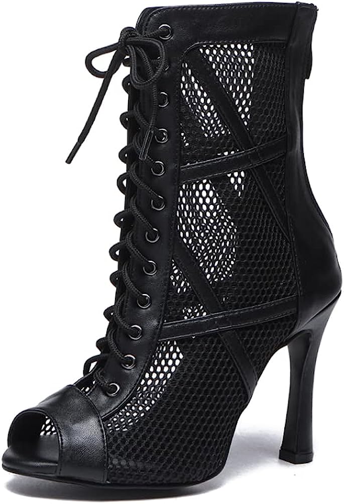Women's Dance Heels Peep Toe Net Yarn Ballroom Salsa Dance Shoes Party High Heel Jazz Performance Ankle Dance Boots
