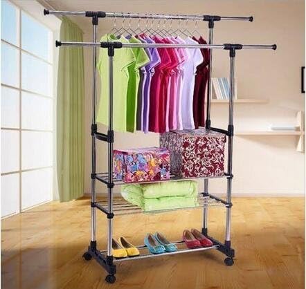Dual Bars Horizontal & Vertical Telescope Style 3 Tiers Stainless Steel Clothing Garment Shoe Rack, Commercial Rack Rolling Clothes Racks for Hanging Clothes Rack, Collapsible & Portable Clothes Rack