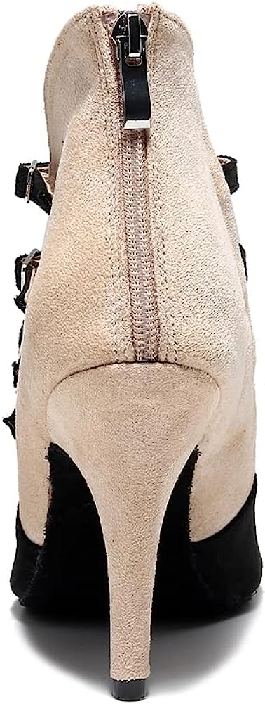 Women's Dance Boots with Zipper Peep Toe Ballroom Party High Heel Jazz Salsa Dance Shoes Performance Ankle Dance Shoes Beige Black 3.34inch Heel,5.5 US