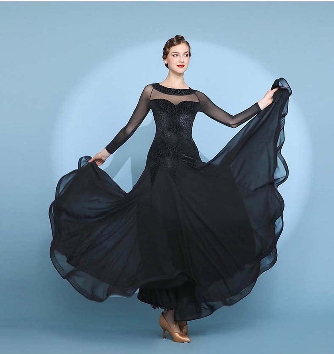 Women Black Velvet Dance Costume Mesh Long Sleeve Ballroom Waltz Standard Dance Dresses Swing Flowy Long Skirt