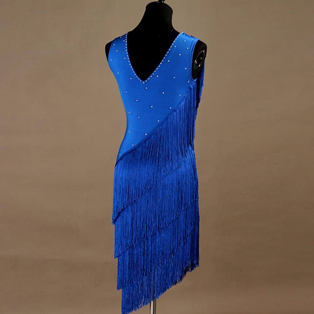 V-Neck Latin Dance Dresses Women's Fringe Salsa Competition Dress Sleeveless Cha Cha Ballroom Performance Costumes,Royal Blue,XXL