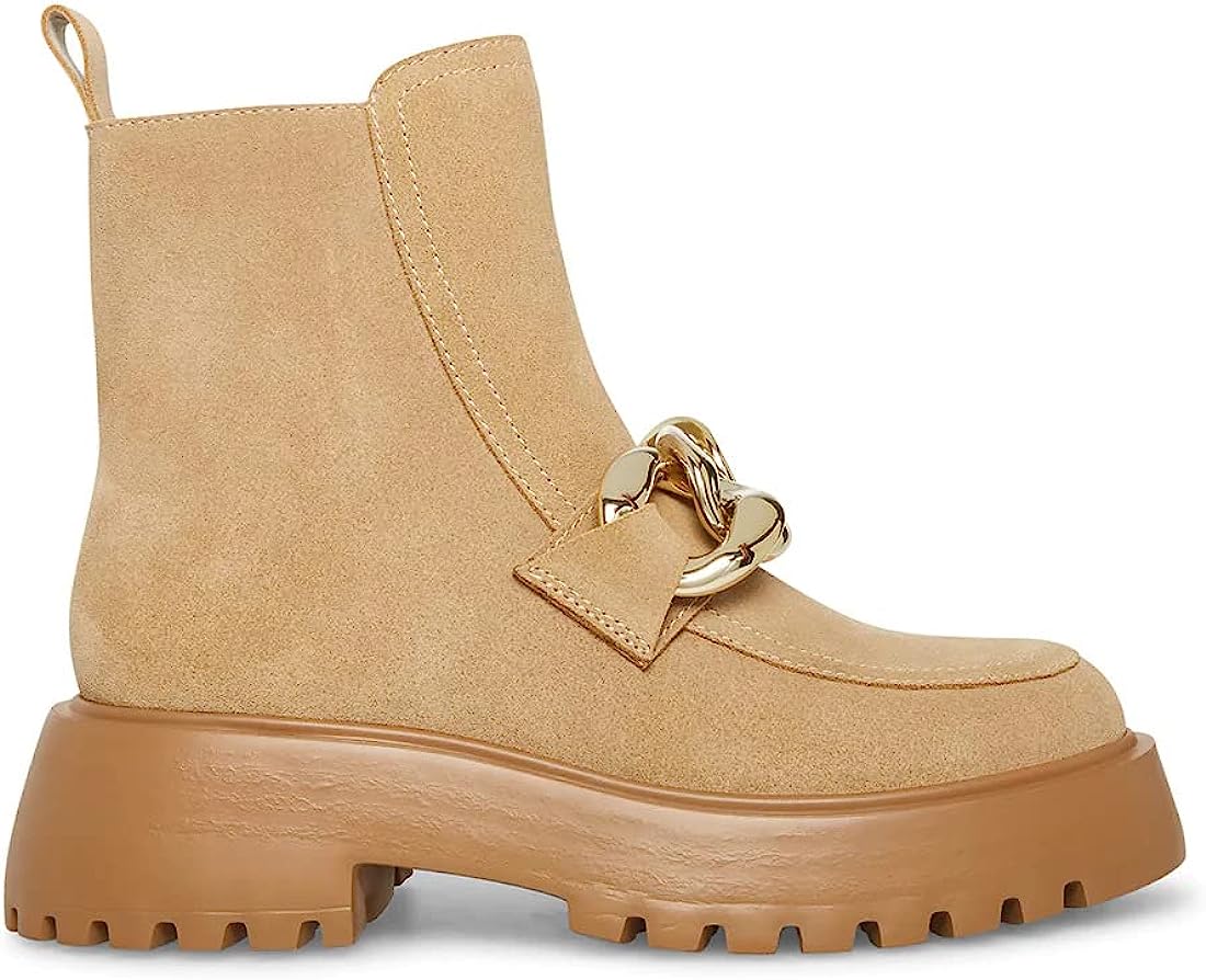 Cleo Black Leather Chunky Lug Sole Curb Chain Round Toe Ankle Boots