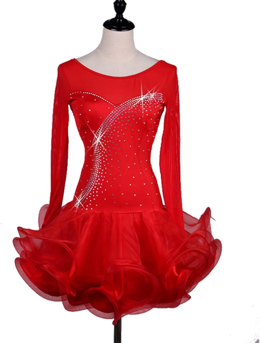 Latin Dance Dresses Women Ballroom Salsa Samba Costume Rhinestones Crew Neck Long Sleeves Latin Competition Dress