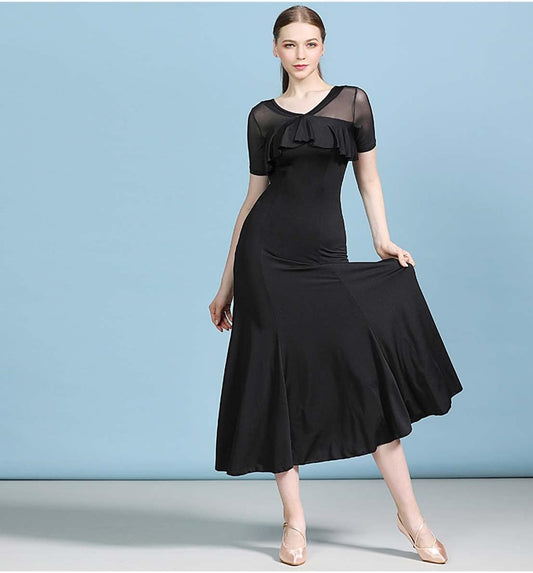 V Neck Women Dance Dress Short Sleeve Modern Contemporary Dancewear Costume Ruffled Hem Long Skirt for Adult Girl