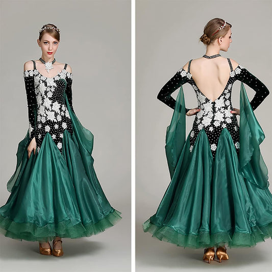 Ballroom Competition Dancewear Backless Waltz Dance Dresses Long Sleeve Tango Foxtrot Costumes Dance Outfit Handmade