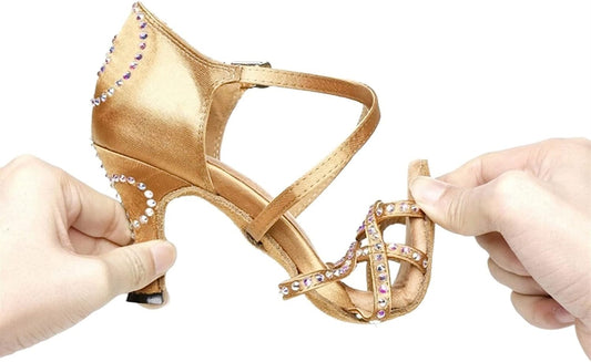 High Heels, Women's Party Dance Shoes Satin Shiny Rhinestones Soft Suede Sole Lace Up Salsa Pumps (Color : Gold, Size : 34.5)