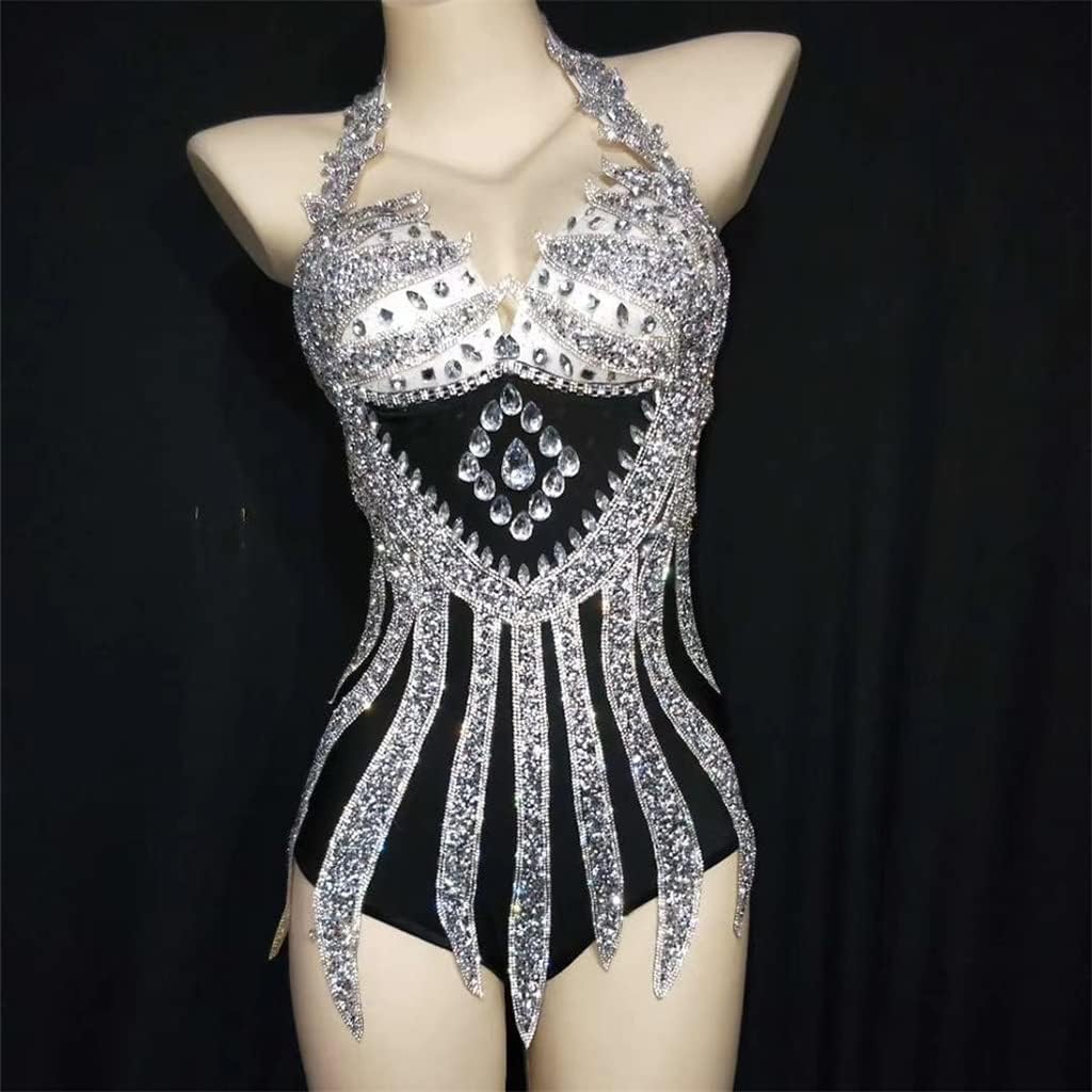 Latin Sparkling Inlaid Diamonds Halter Bodysuit Sleeveless Tight Stretch Shining Sequined Short Women Nightclub Costumes (Color : Black, Size : XL Code)