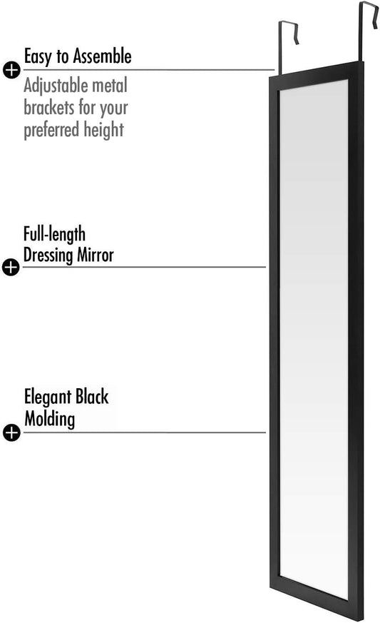 12x48 Black Over The Door Mirror - Full Length Hanging Door Mirror for Bedroom, Bathroom, Dorm - Long Full Body Mirror with Hanger and Shatter-Resistant Glass