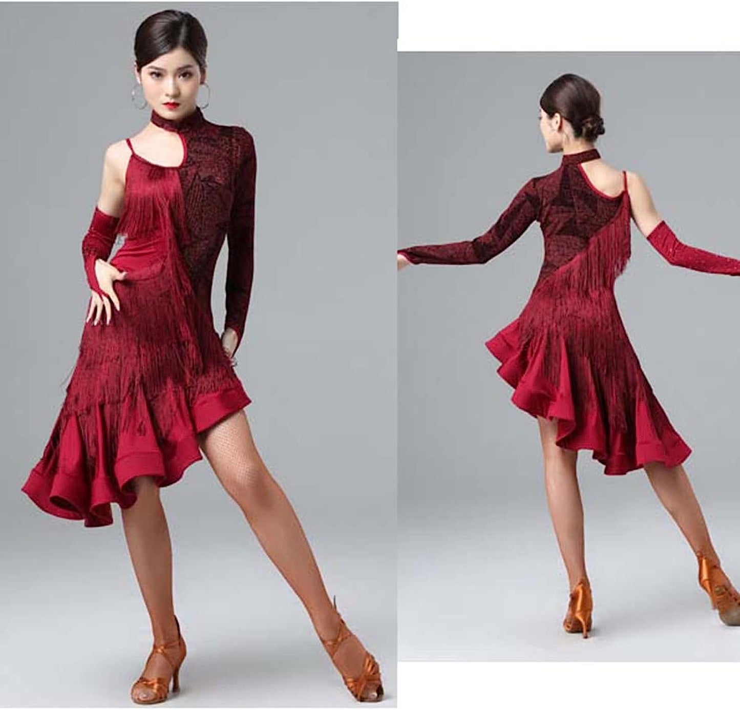 Latin Dance Dresses for Women High Low Fringe Salsa Dance Outfit Irregular Sleeves Cha Cha Costume Simple for Rumba