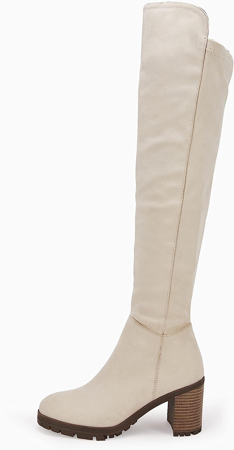 Womens Faux Suede Knee High Boots Lug Sole Chunky Block Heel Side Zipper Over Knee Winter Boots