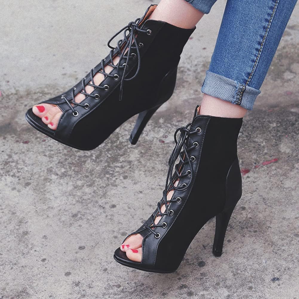 Women Open Toe Dance Ankle Boots Dance Heels Lace-up Latin Salsa