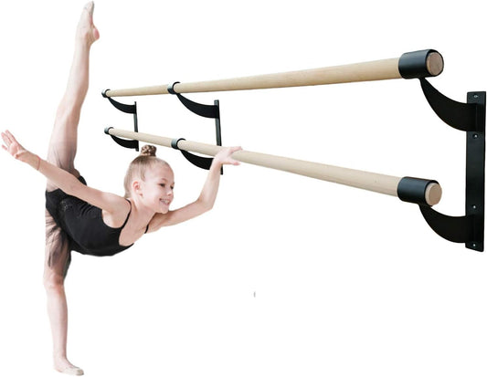 Ballet Barre 8 FT Long Double Bar 2.0” Diameter Black - Fixed Height Wall Mount Ballet Barre System Wood, Home and Studio Ballet Bar, Kids/Adults, Dance, Stretch Bar, Dancing/Stretching
