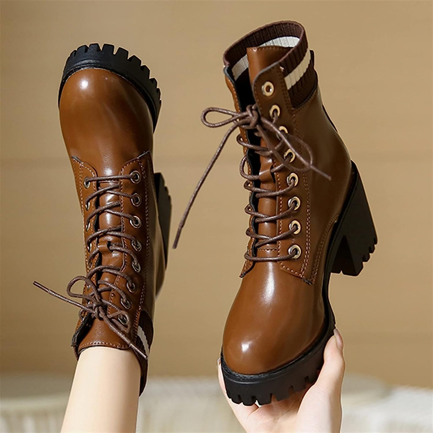 Trendy Boots for Women Tie-up Warm Winter Boots Women's High Heel Thick Plush Booties Women's Thick Heel Booties (Color : Black, Size : 7.5 UK)