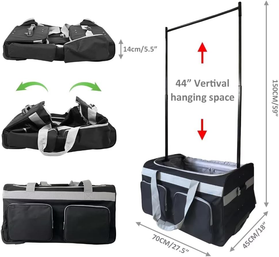 Rolling Dance Bag with Garment Rack, Garment Duffle Bags for Travel, Collapsible Costume Duffel Bag with Wheels for Competition, Shows, Performances, Duffel Trolley with Storage Pockets