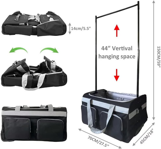Rolling Dance Bag with Garment Rack, Garment Duffle Bags for Travel, Collapsible Costume Duffel Bag with Wheels for Competition, Shows, Performances, Duffel Trolley with Storage Pockets
