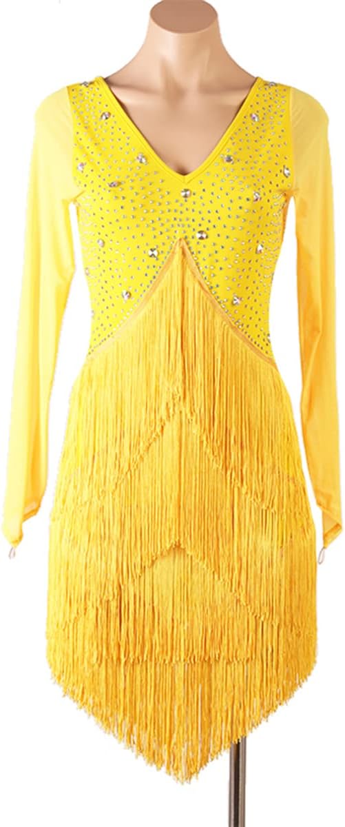 Women V Neck Latin Dance Dresses Tassel Hem Latin Competition Dress Ballroom Long Sleeves Salsa Samba Cha Cha Costume Lady Tango Dancing Dress Party Dress Dancer (XL,Yellow)