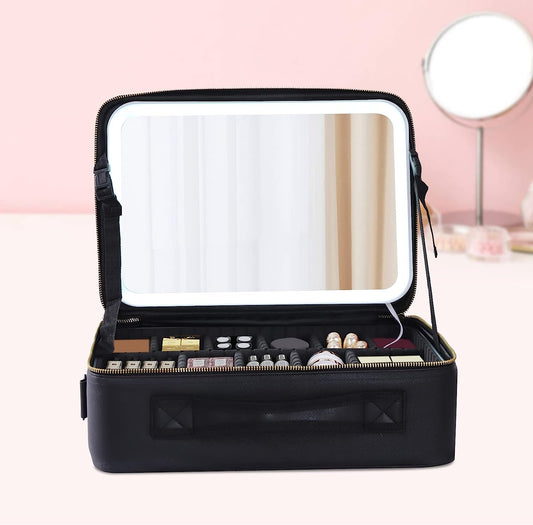 Makeup Bag, Cosmetics Organizer Bag, Travel Cosmetic Organizer with LED Mirror 3 Color Adjustable Brightness Large Cosmetic Organizer Storage for Women and Girls, Black