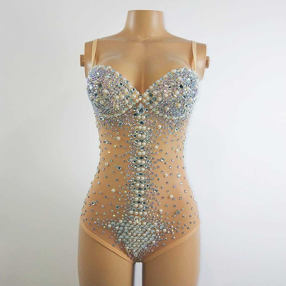 Sexy See Through Rhinestones Mesh Sleeveless Leotard Women Night Bar Dance Bodysuit Transparent Sling Clubwear Stage Wear