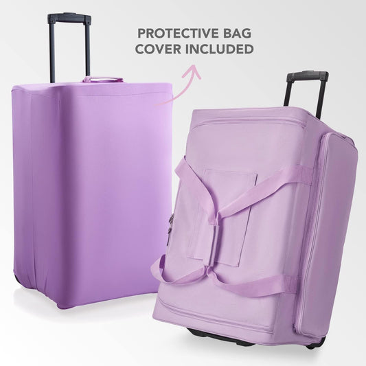Large Size Duffel Bag with Protective Cover – A Light Violet Colored Dream Rolling Carrier with Garment Rack and Wheels for Travel – Designed for Men and Women to Hang Clothes on Long Journeys