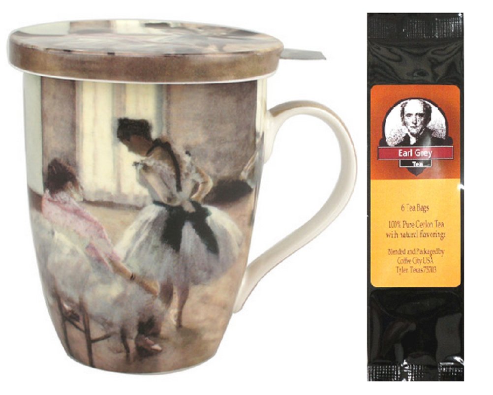 Tea Mug, Infuser and Lid in Matching Gift Box Bundle with 1 Gift Package of 6 Tea Bags