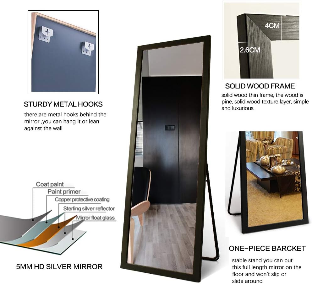 Full Length Mirror 65”x22 Floor Mirror for Bedroom Living Room, Standing Hanging or Leaning Against Wall Mirror Dressing Mirror Full Body Mirror with PS Polymer Frame, Black