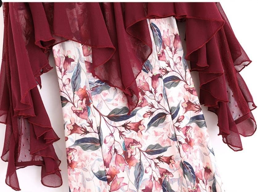 Long Sleeve Ruffle Ballroom Dance Costume,Milk Silk Printed Ballroom Dance Women's Competition Dress