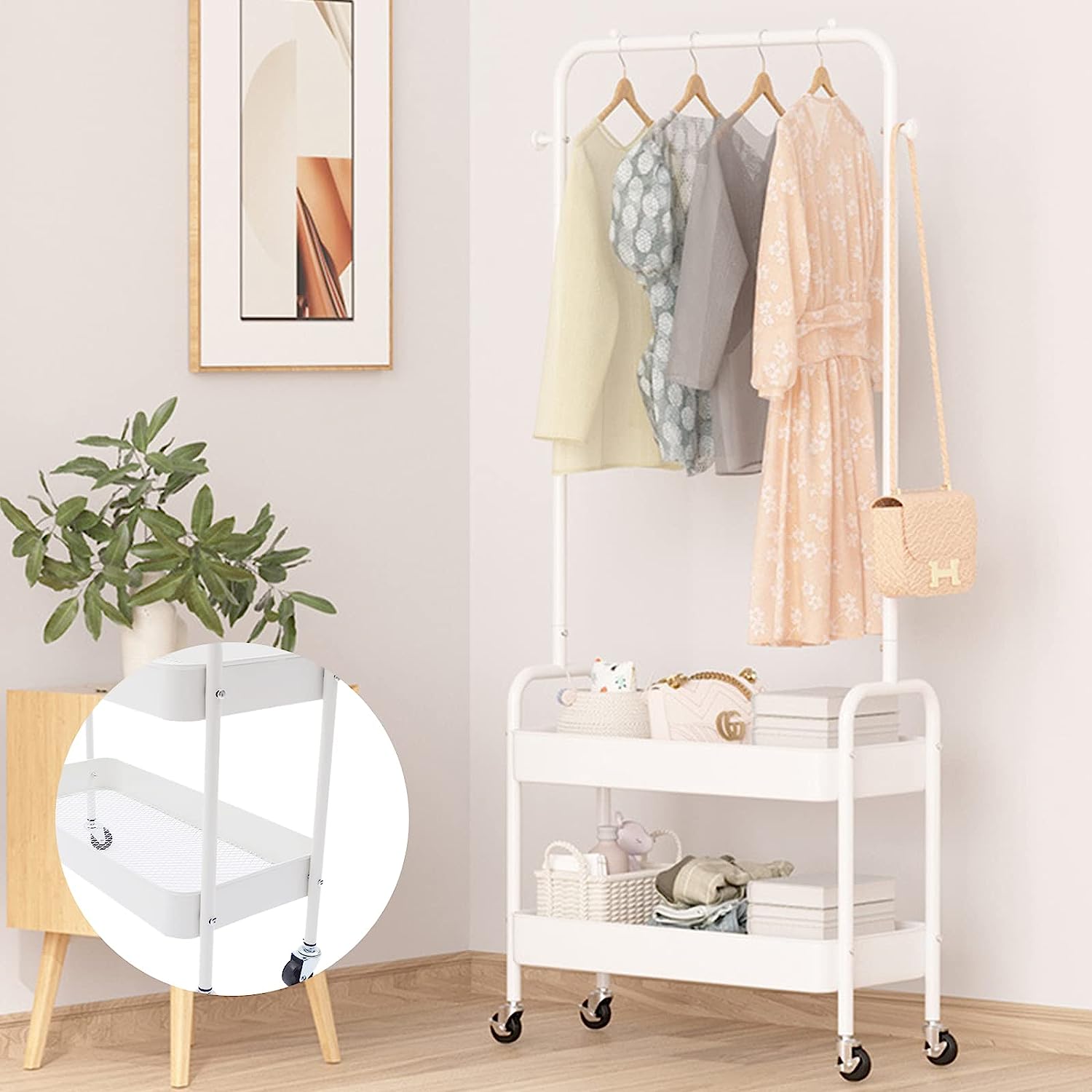2-in 1 Garment Rack Rolling Storage Cart Clothes Organizer Coat Rack Storage Stand On Wheels