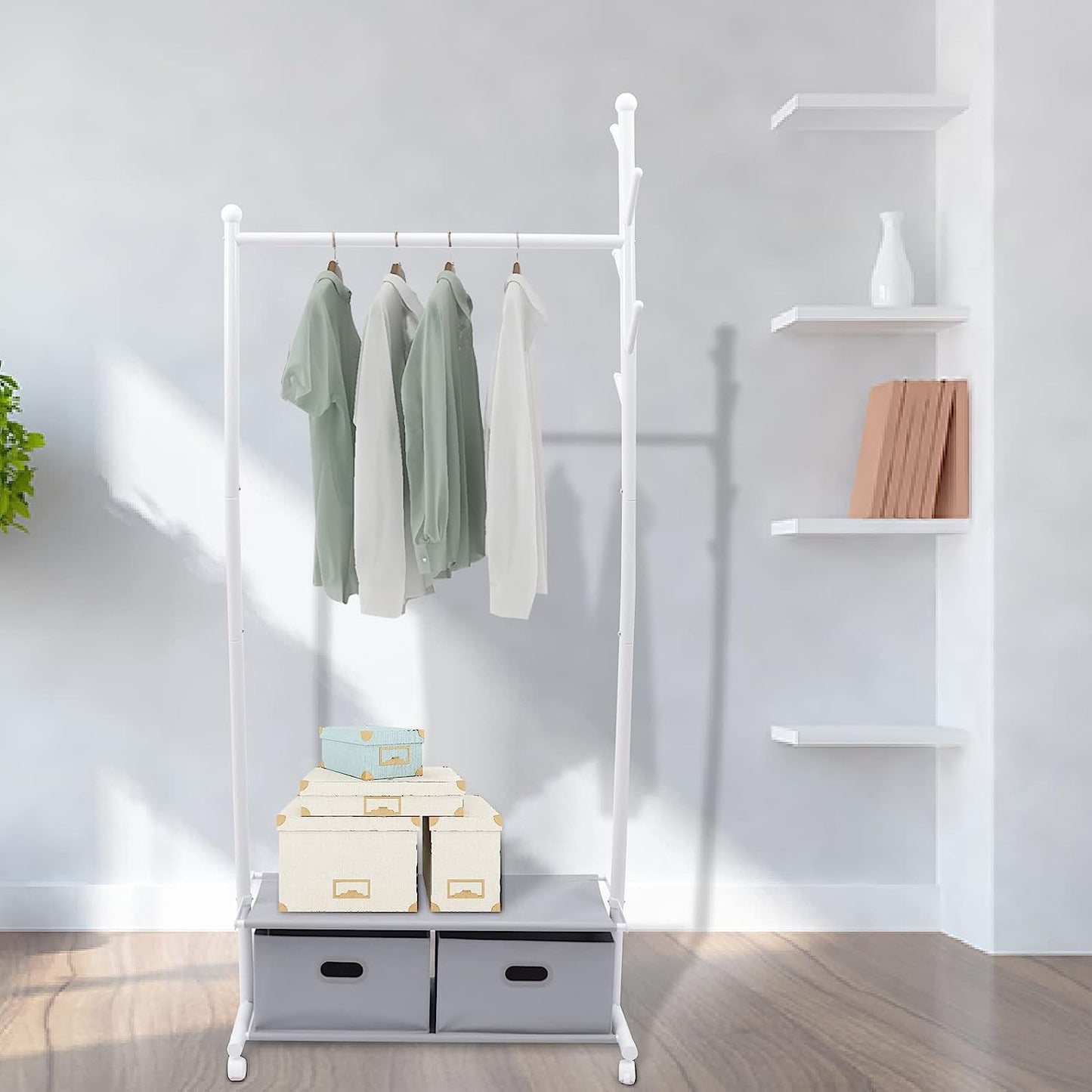 Rolling Clothing Rack with Storage Drawers Sturdy Garment Rack for Hanging Clothes Portable Clothing Hanger with Wheels for Living Room Laundry(3-in-1)