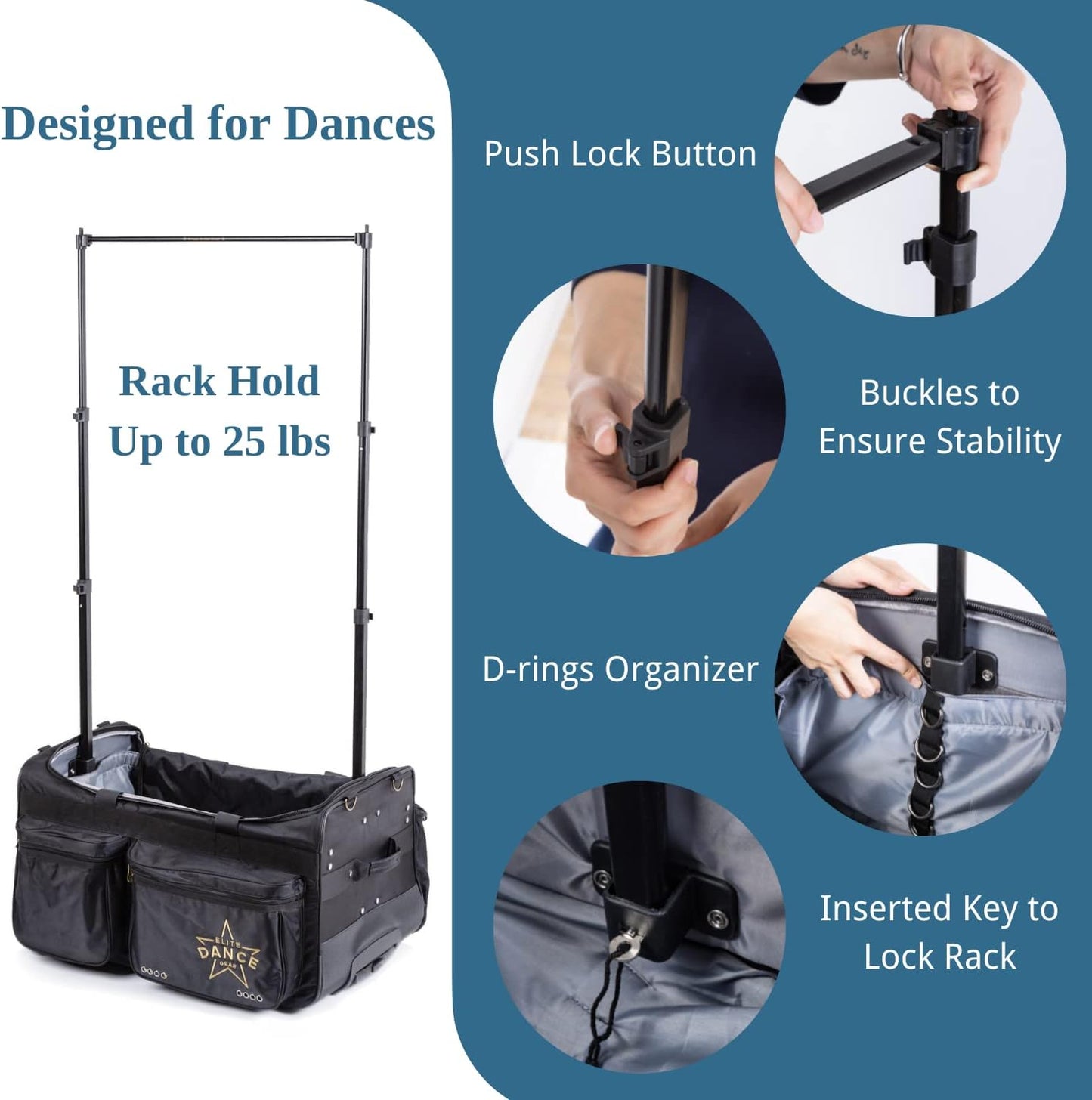 Professional Garment Duffel Bag for Dancer, 28 Inch Dance Bag with Garment Rack and Wheels for Competition, Collapsible, Water Resistant Premium Exterior Polyester Fabric
