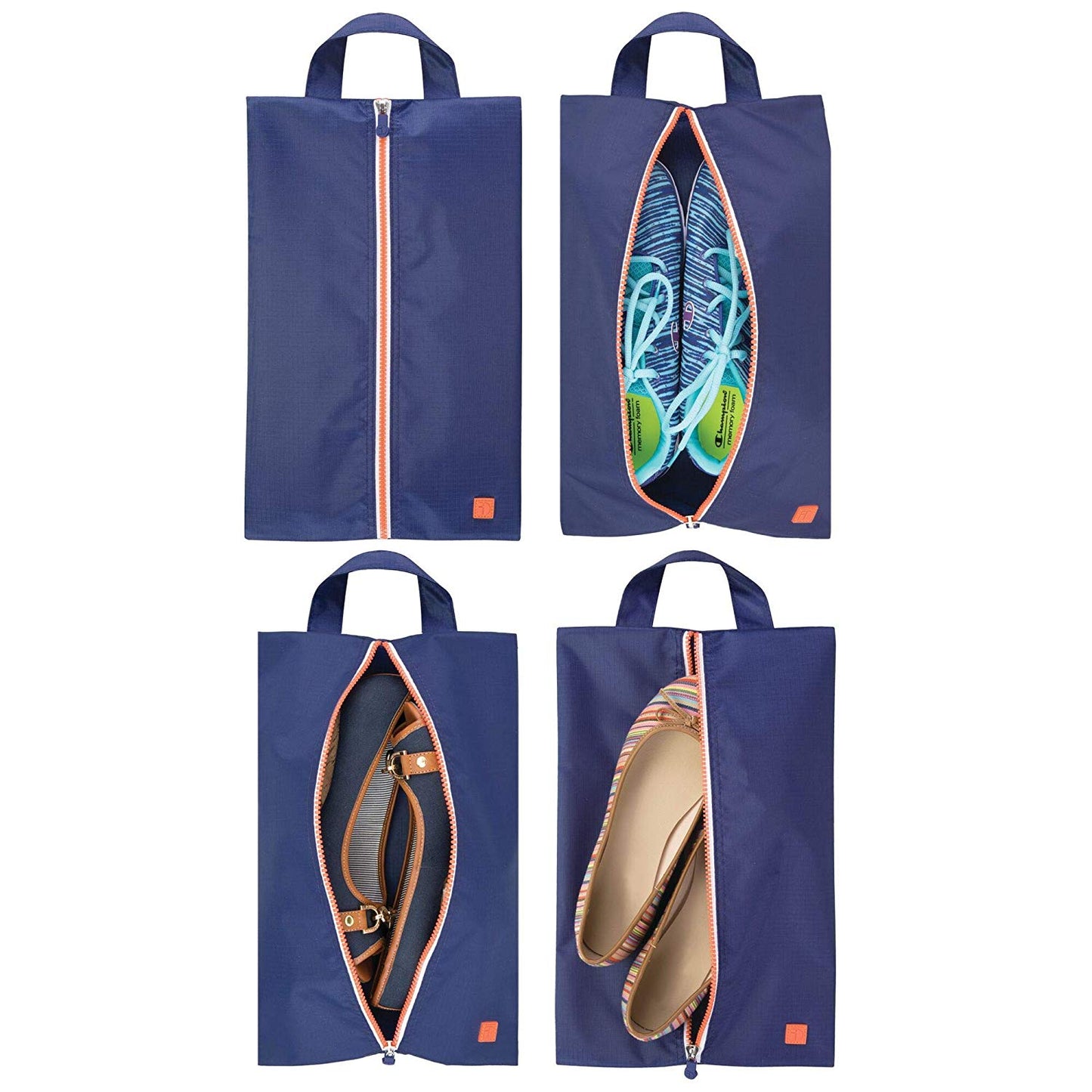 Water-Resistant Shoe Travel Storage Organizer Tote Bag with Zipper Closure and Hanging Loop for Packing Luggage/Suitcase and Carry-On - Pack of 4, Navy Blue/White Trim, Orange Zipper