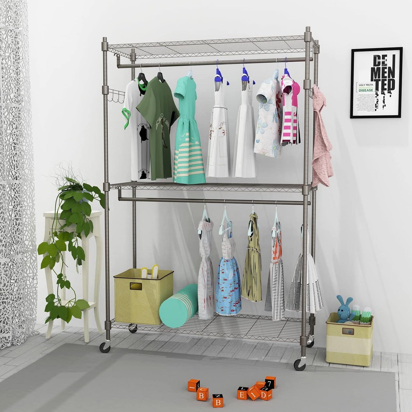 Heavy Duty Garment Rack on Wheels, Rolling Clothes Racks for hanging clothes, Simple Sturdy Wardrobe Rack with Double Hanging Rods, 2 Hanger Hooks - Hold Up to 400Lbs (Gray, 2Rod 2Hook)