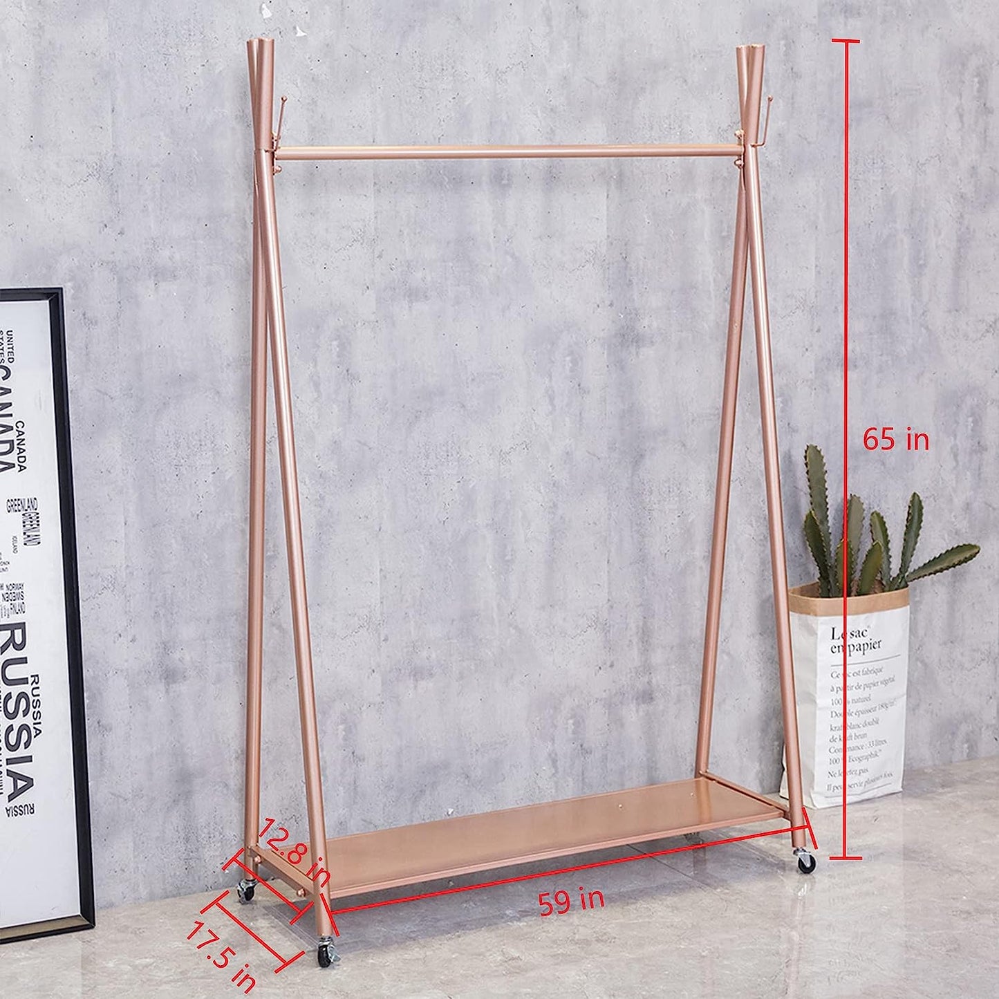 Modern Simple Heavy Duty Metal X Type Rolling Garment Rack with Wheel,Retail Display Clothing Rack, Floor-Standing Shoes Bags Clothes Organizer Storage Shelves (Rose Gold, 59" L)