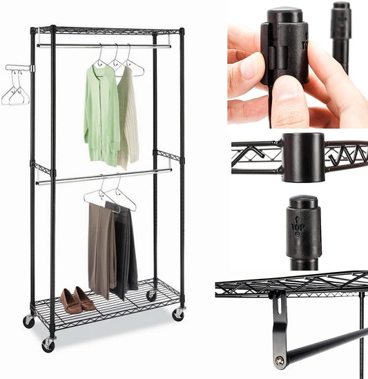 2-Tier Closets Rolling Garment Rack,Max Load 66 Lbs,Adjustable Wire Shelving Clothes Rack with Wheels Freestanding Wardrobe Storage Rack Metal Clothing Rack for Hanging Clothes Black