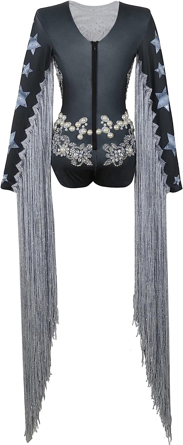 Costume Sparkly Dance Leotard Long Sleeve Women Pearl Rhinestone Bodysuits With Fringe