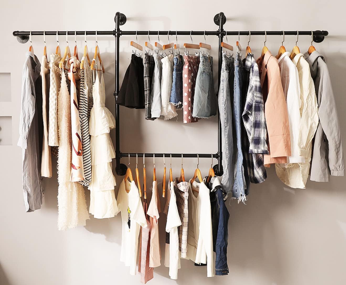 Industrial Clothing Racks Garment Racks – Wall Mounted Pipes Clothes Racks with Four Hanging Rods, Heavy Duty Garment Racks, Industrial Steampunk Closet Organizer Hall Tree (Metal Pipes-Black)