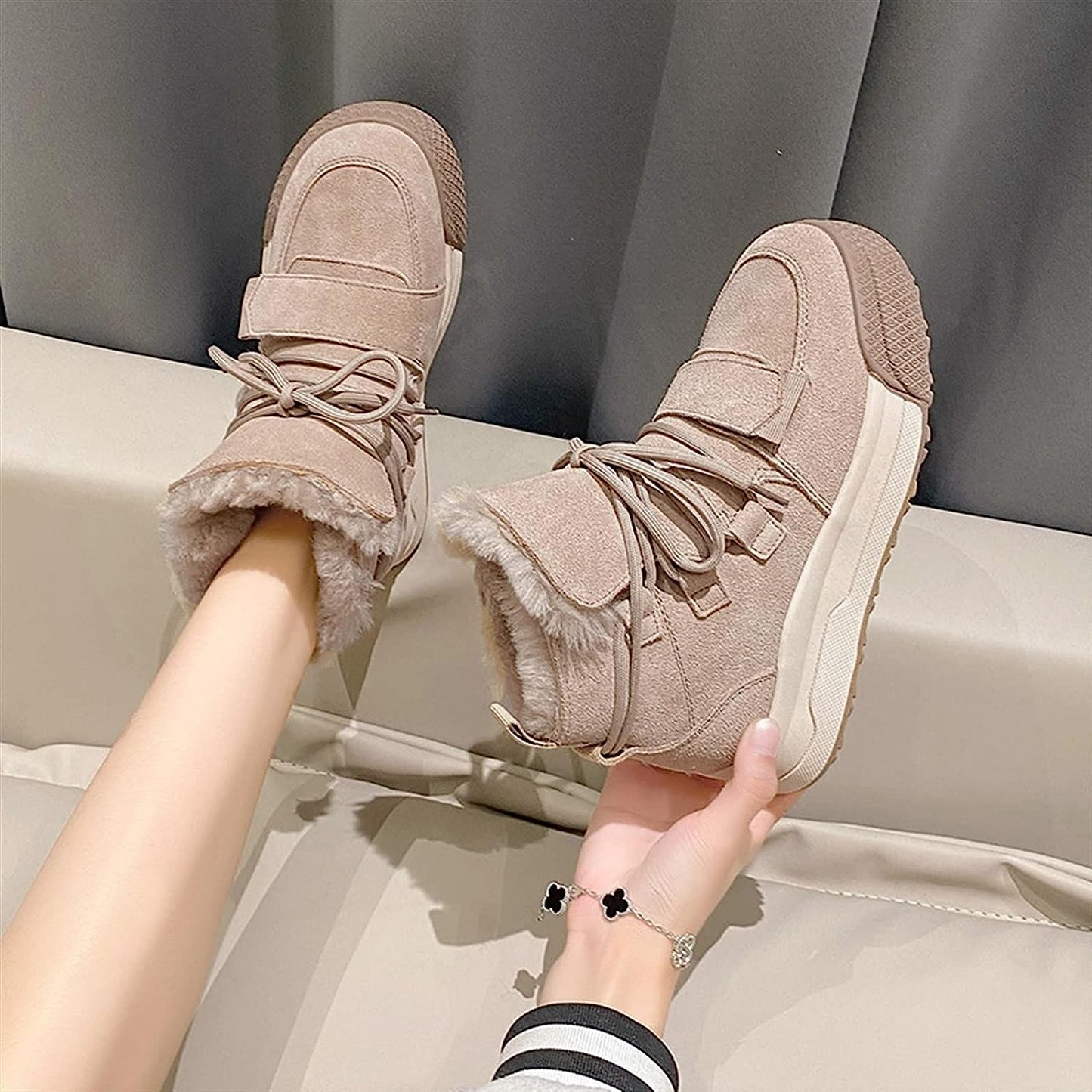 Ladies Boots, Snow Boots Women's Boots Children Suede Lace Booties Warm Women's Winter Flat Shoes (Color : Gray, Size : 4.5 UK)