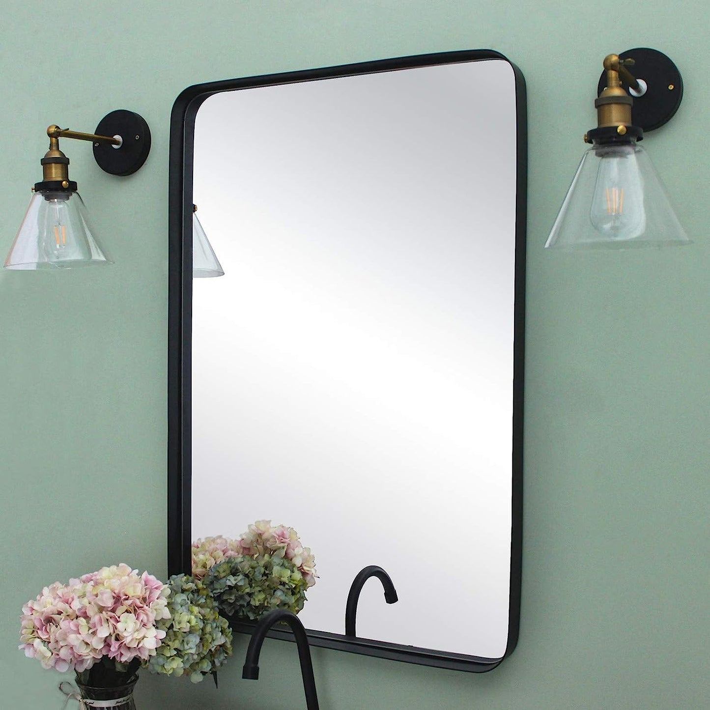24x36 Black Metal Framed Bathroom Mirror for Wall in Stainless Steel Rounded Rectangular Bathroom Vanity Mirrors Wall Mounted