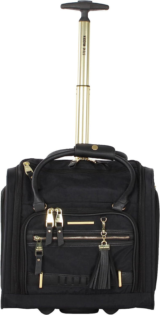 Designer 15 Inch Carry on Suitcase- Small Weekender Overnight Business Travel Luggage- Lightweight 2- Rolling Spinner Wheels Under Seat Bag for Women (Peek-A-Boo Black)