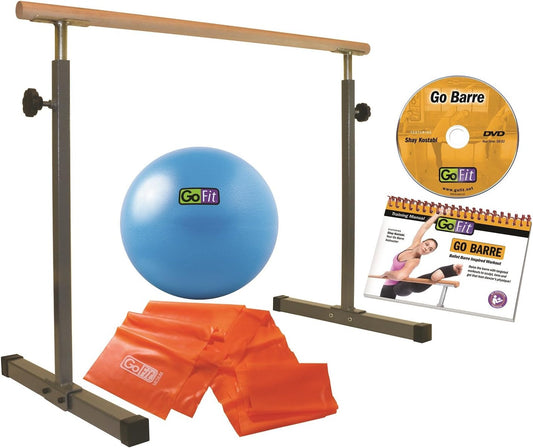 GoBarre Home Workout Set – Adjustable, Portable Ballet Barre w/Resistance Bands, Core Ab Ball & Training DVD,Black