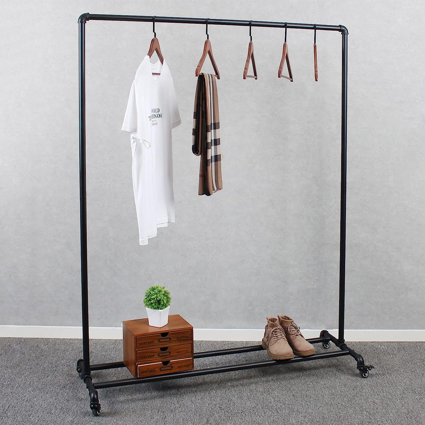 Industrial Pipe Clothing Racks on Wheels,47in Length Heavy Duty Garment Racks,Vintage Rolling Clothes Display Rack,Retail Display Rack,Black