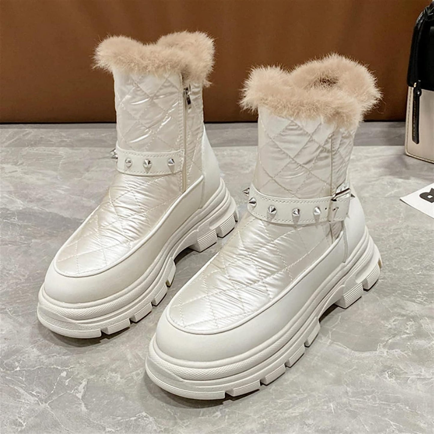 Boots for Women, Winter Waterproof Snow Boots Women's Thick Plush Thick-Soled Booties Women's Thick-Soled Warm Cotton Shoes (Color : Beige, Size : 3.5 UK)