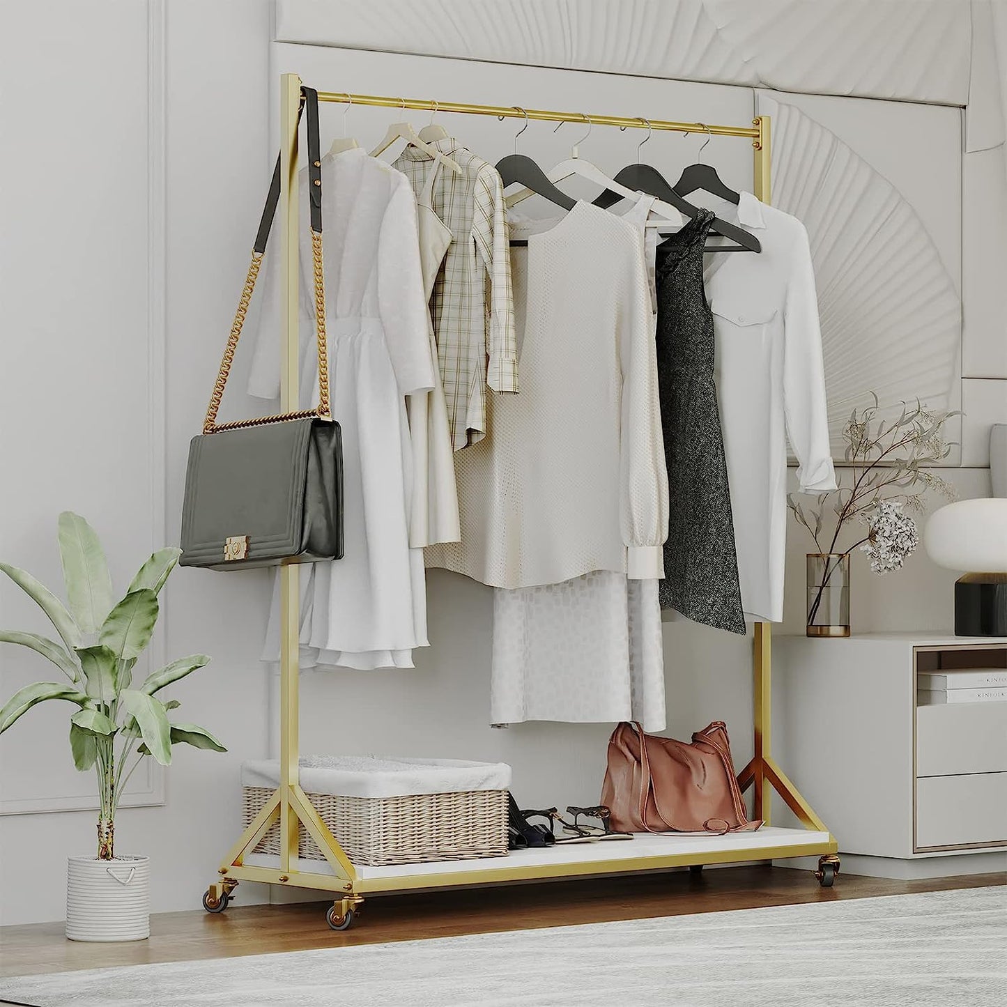 Modern Gold Rolling Clothing Rack band Metal Wheels, Retail Display Clothing Rack, Garment Rack with Shelves Standing Hangers Boutiques Clothes Rack (47in)