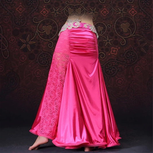 Belly Dance Skirt Belly Dancing Clothes Long Skirts Wrapped Skirt Lace Women Belly Dance Satin Skirts Without Belt (Color : Pink, Size : Medium)