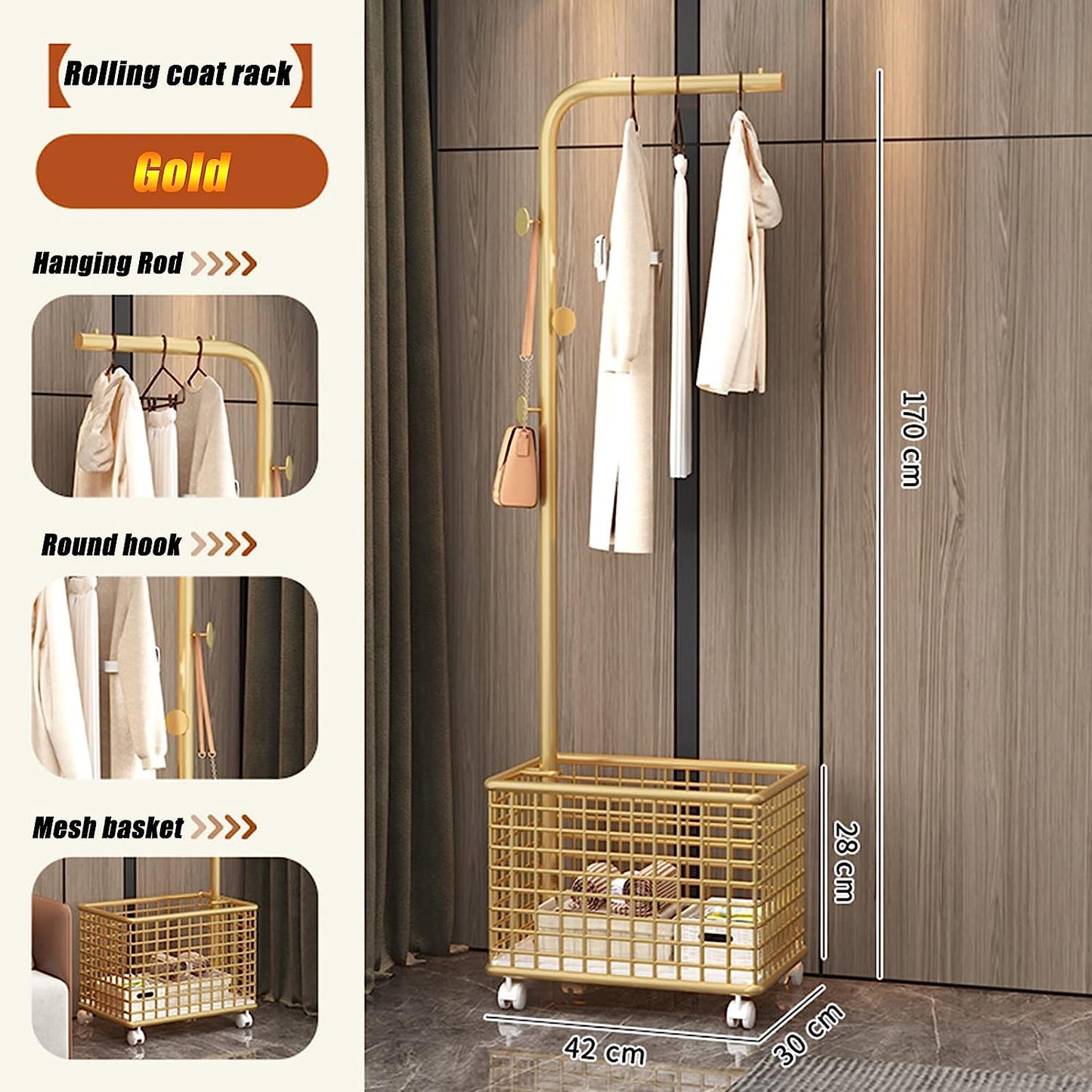 Standing Coat Rack, Rolling Garment Rack Closet Organizer, Entryway Hanging Clothes Rail with 3 Hooks and Storage Baskets, 42x30x170 cm(Color:Gold)