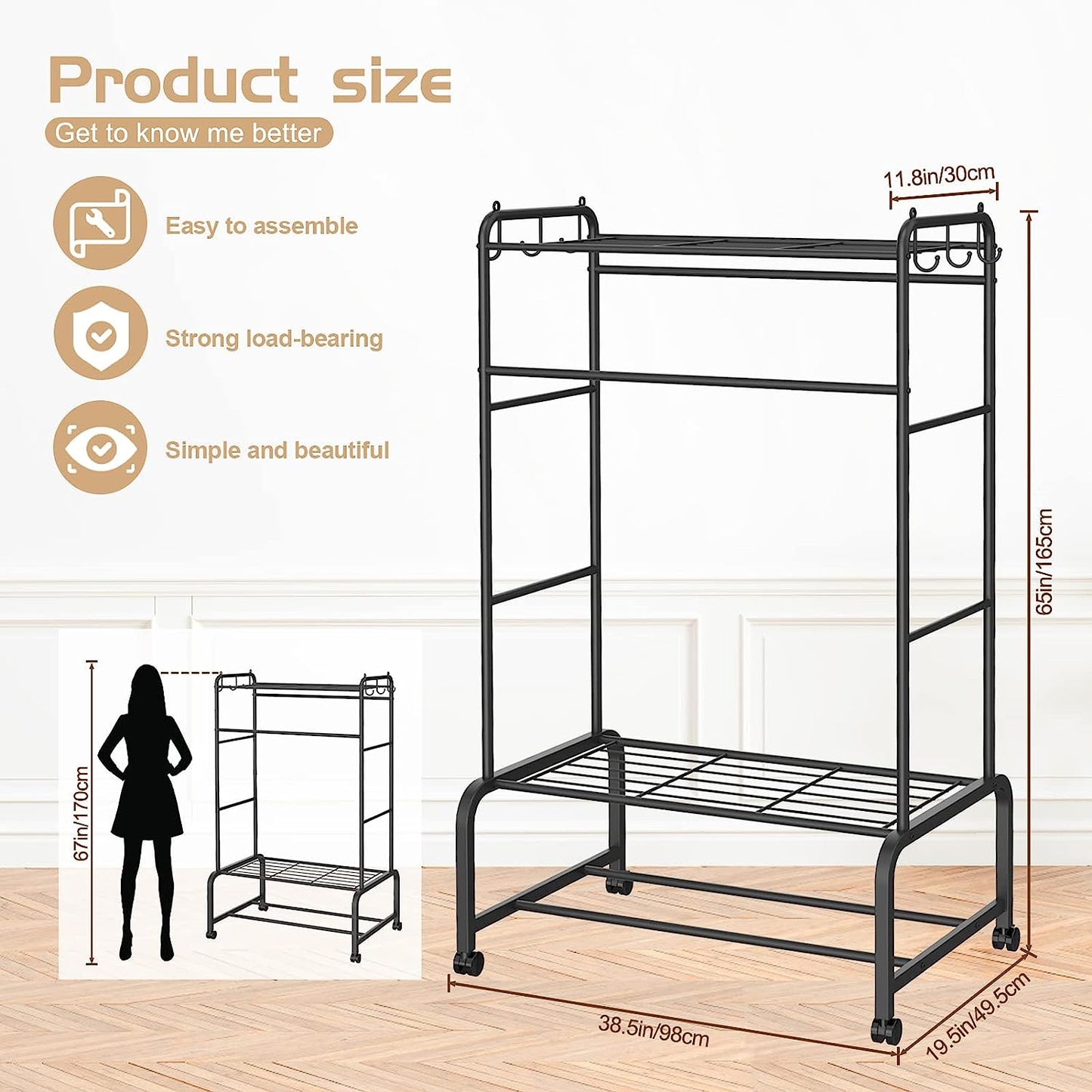 Clothing Racks on Wheels for Hanging Clothes with Coat Hook, Upgrade Heavy Duty Rolling Rack for Clothes Organizer, Freestanding Double Rod Metal Garment Rack with Shelves(Black)…